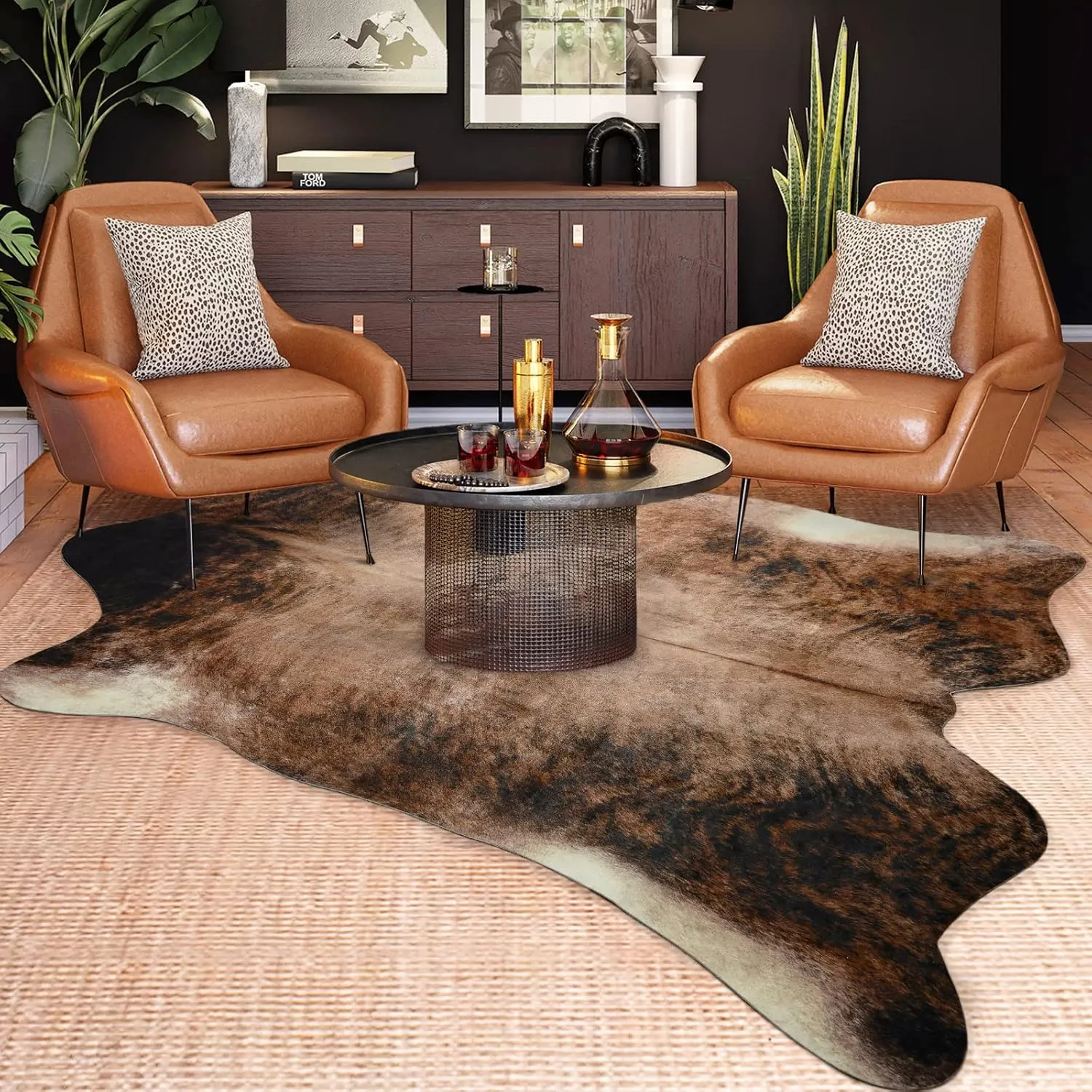 Easycozy Faux Cowhide Large Cow Print Rug - 5.2 x 6.2 Feet, Thickened Elastic for Bedroom, Living Room, Home Office, Western Decor