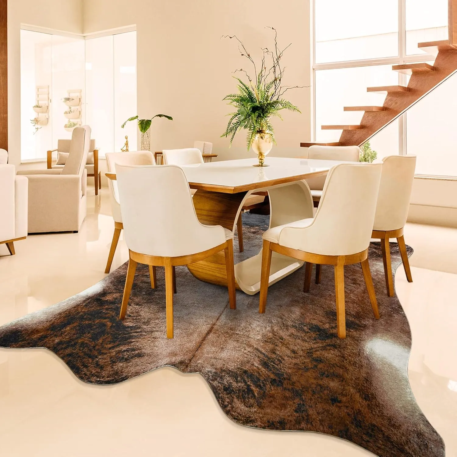 Easycozy Faux Cowhide Large Cow Print Rug - 5.2 x 6.2 Feet, Thickened Elastic for Bedroom, Living Room, Home Office, Western Decor