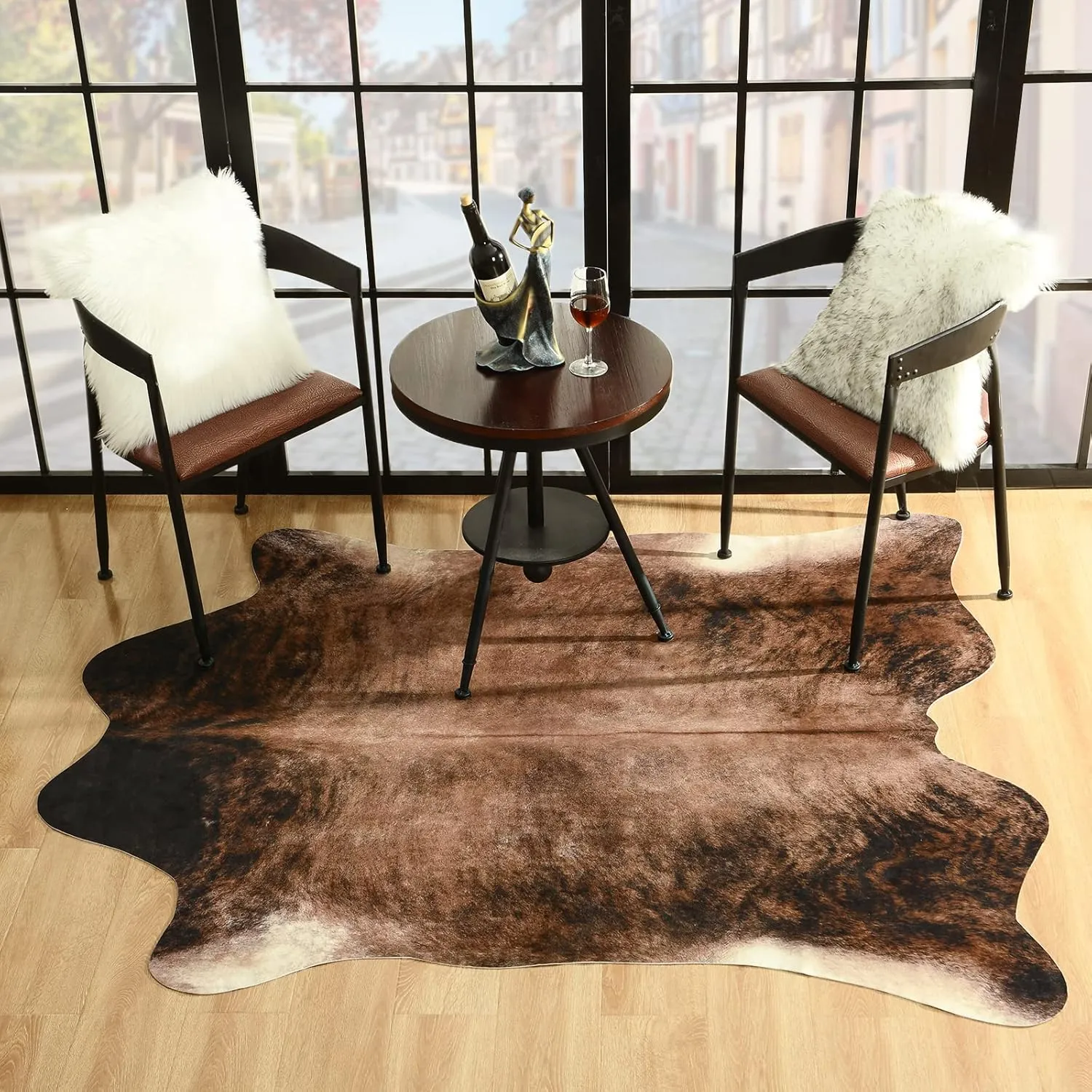 Easycozy Faux Cowhide Large Cow Print Rug - 5.2 x 6.2 Feet, Thickened Elastic for Bedroom, Living Room, Home Office, Western Decor