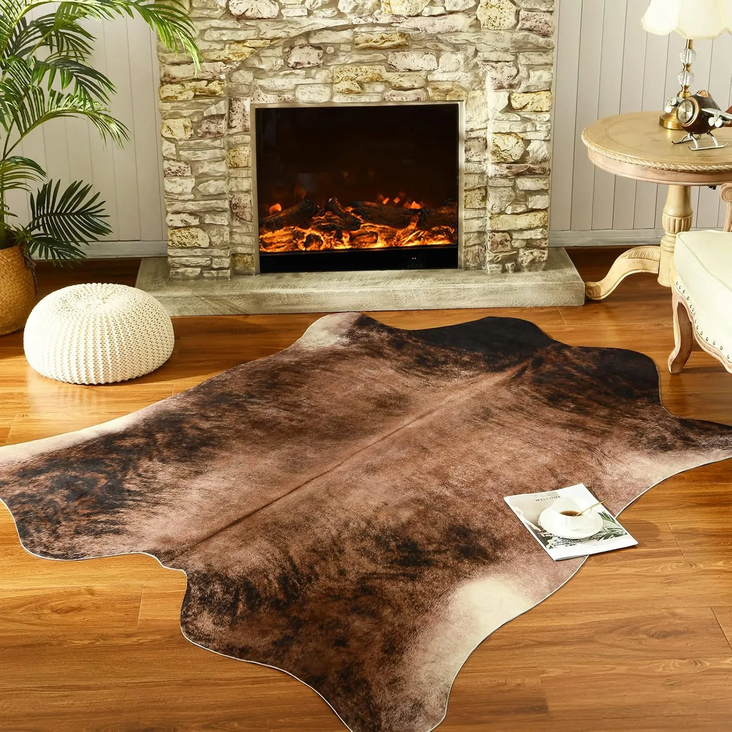 Easycozy Faux Cowhide Large Cow Print Rug - 5.2 x 6.2 Feet, Thickened Elastic for Bedroom, Living Room, Home Office, Western Decor