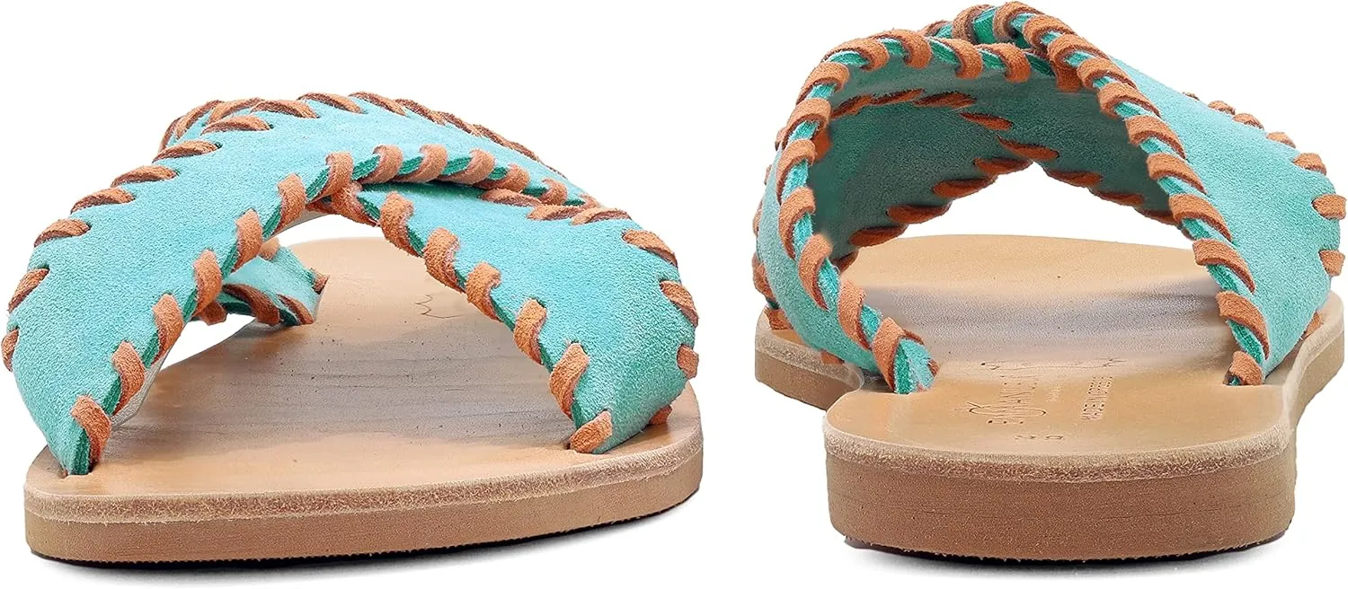 Emmanuela Greek Leather Embroided Flat Sandals, Quality Handmade Slide on X Strap Summer Shoes for Women, Open Toe Sliders, Boho Chic Strappy Mules