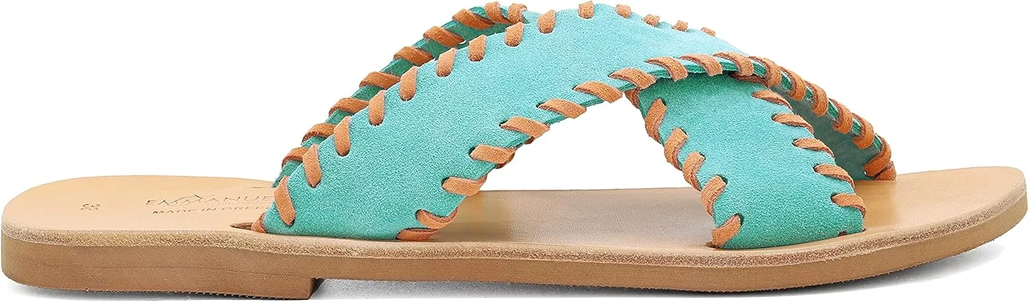 Emmanuela Greek Leather Embroided Flat Sandals, Quality Handmade Slide on X Strap Summer Shoes for Women, Open Toe Sliders, Boho Chic Strappy Mules