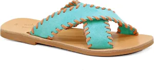 Emmanuela Greek Leather Embroided Flat Sandals, Quality Handmade Slide on X Strap Summer Shoes for Women, Open Toe Sliders, Boho Chic Strappy Mules