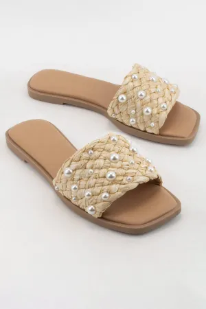 ENGINE PEARL DECOR RAFFIA WOVEN UPPER SLIDE SANDAL