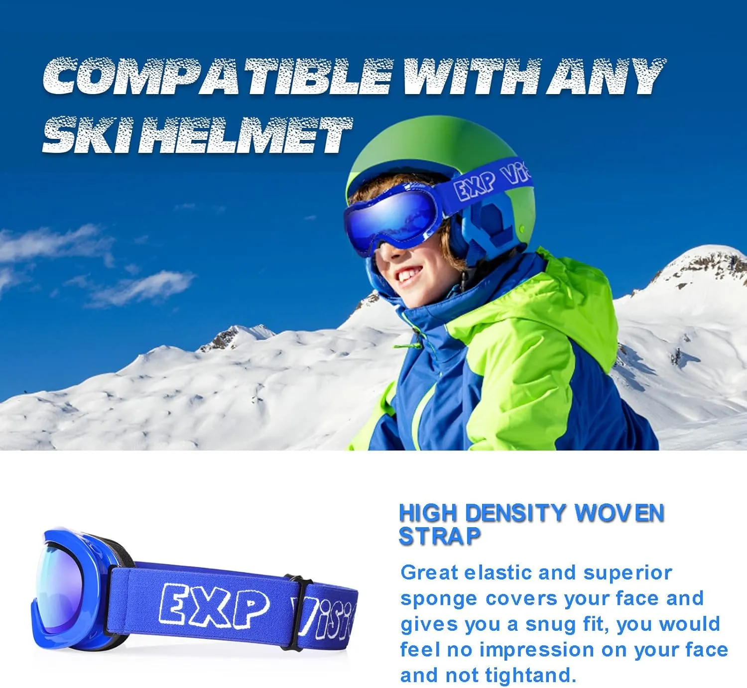 EXP VISION Kids Ski Goggles, Anti-Fog Child Snowboard Goggles Over Glasses Snow Goggles for Boys Girls Toddler Age 3-14