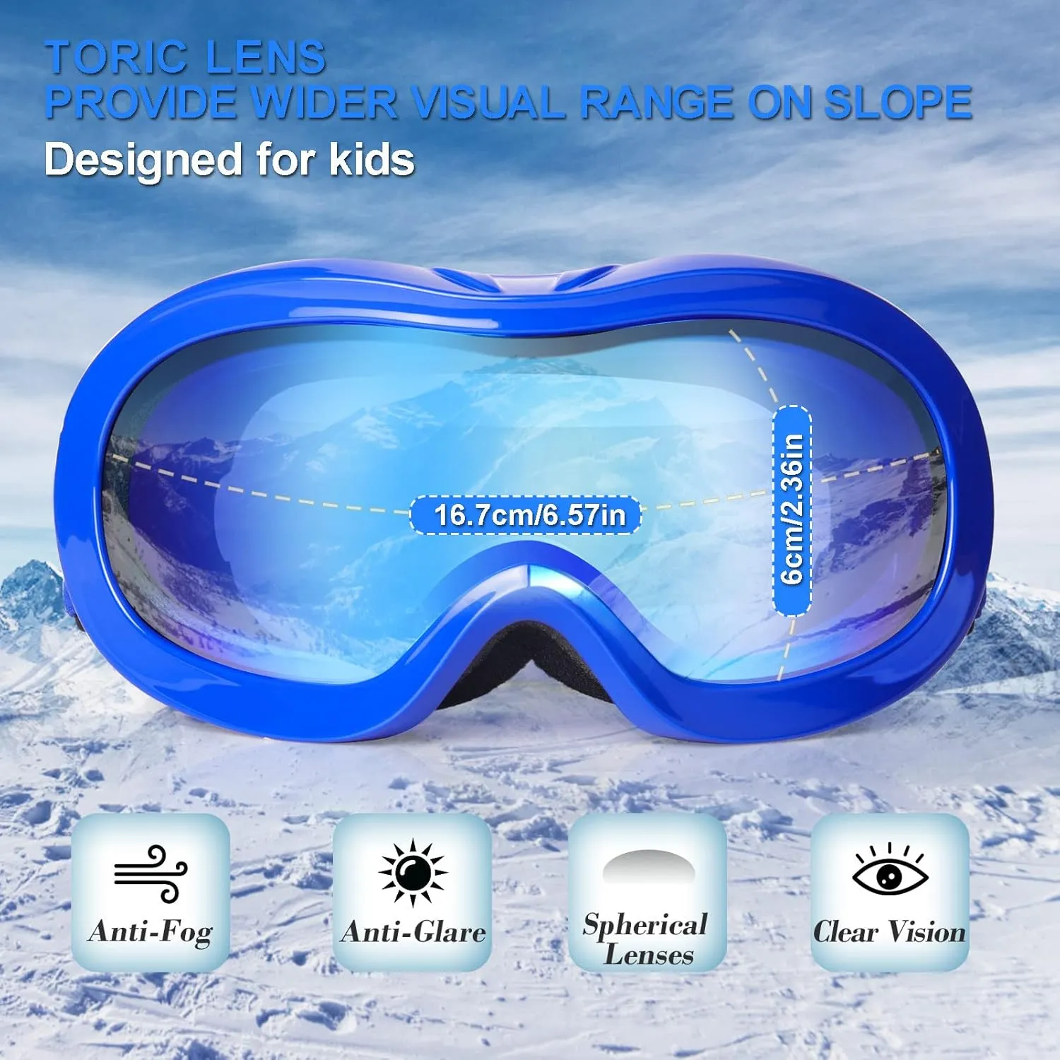 EXP VISION Kids Ski Goggles, Anti-Fog Child Snowboard Goggles Over Glasses Snow Goggles for Boys Girls Toddler Age 3-14