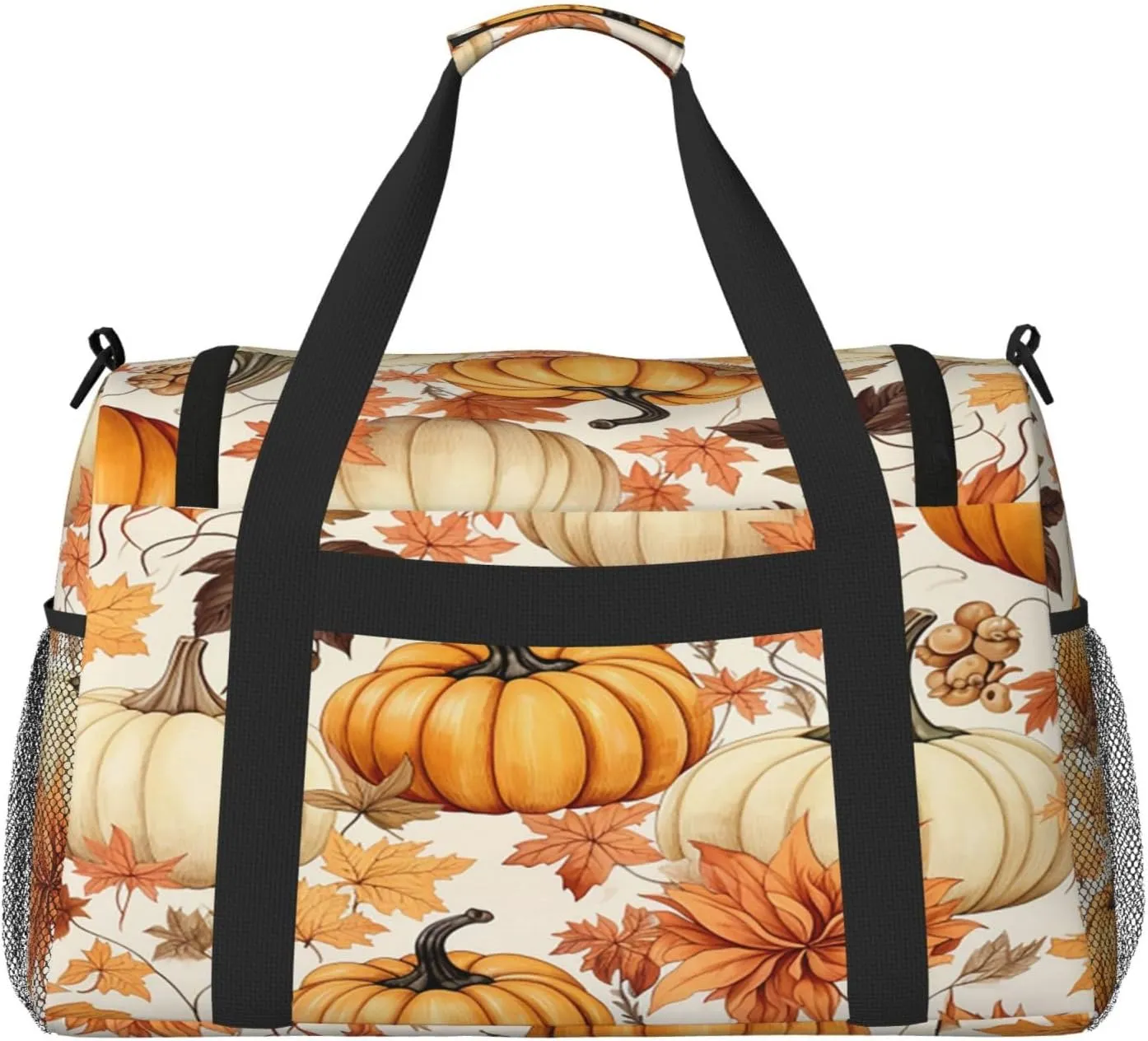 Fall Pumpkins Maple Leaf Travel Duffel Bag with Strap Multi Pockets Sports Bag Handbag Large Shoulder Bag for Gym Weekend Fitness Camping