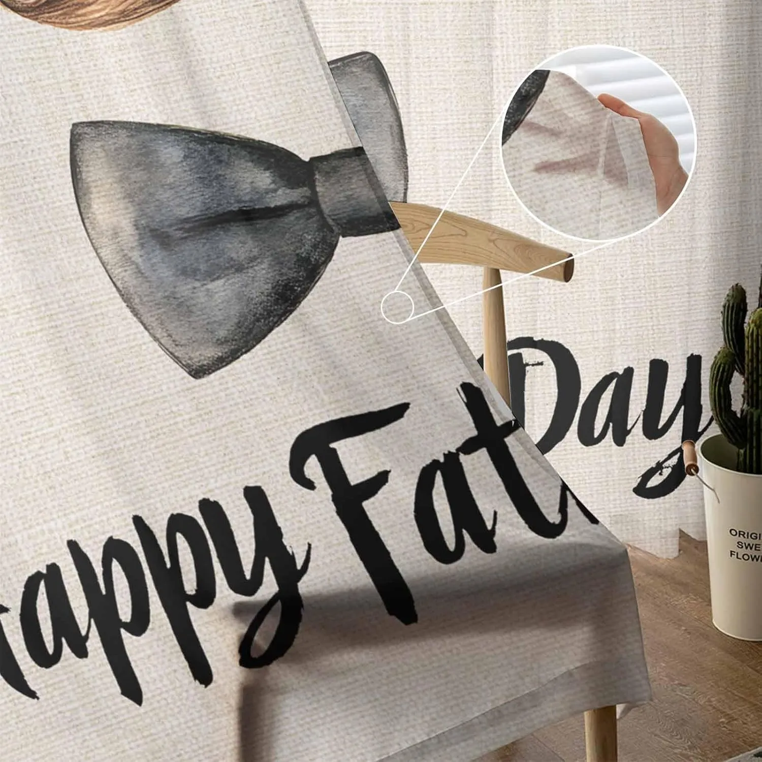Father's Day Sheer Curtains 72 Inches Length, Hat Beard Bow Tie Linen Texture Short Rod Pocket Light Filter Sheer Panels Privacy Semi Window Treatment Drapes for Bedroom 2pcs, Each 52" W x 72" L