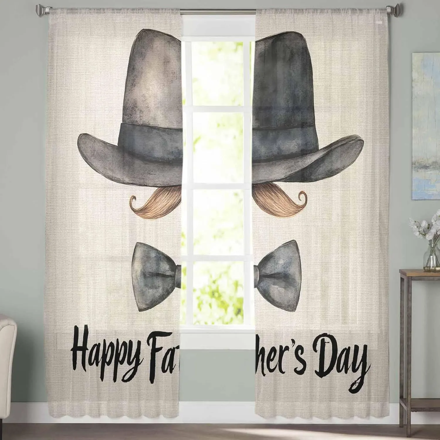 Father's Day Sheer Curtains 72 Inches Length, Hat Beard Bow Tie Linen Texture Short Rod Pocket Light Filter Sheer Panels Privacy Semi Window Treatment Drapes for Bedroom 2pcs, Each 52" W x 72" L