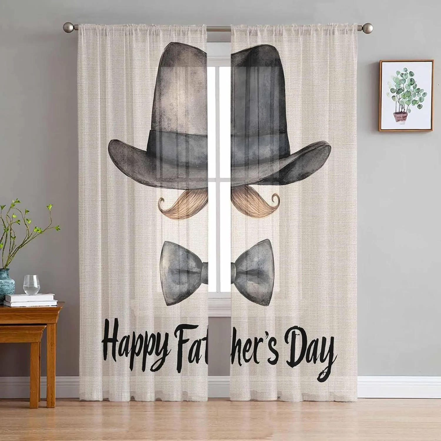 Father's Day Sheer Curtains 72 Inches Length, Hat Beard Bow Tie Linen Texture Short Rod Pocket Light Filter Sheer Panels Privacy Semi Window Treatment Drapes for Bedroom 2pcs, Each 52" W x 72" L