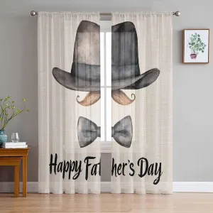 Father's Day Sheer Curtains 72 Inches Length, Hat Beard Bow Tie Linen Texture Short Rod Pocket Light Filter Sheer Panels Privacy Semi Window Treatment Drapes for Bedroom 2pcs, Each 52" W x 72" L