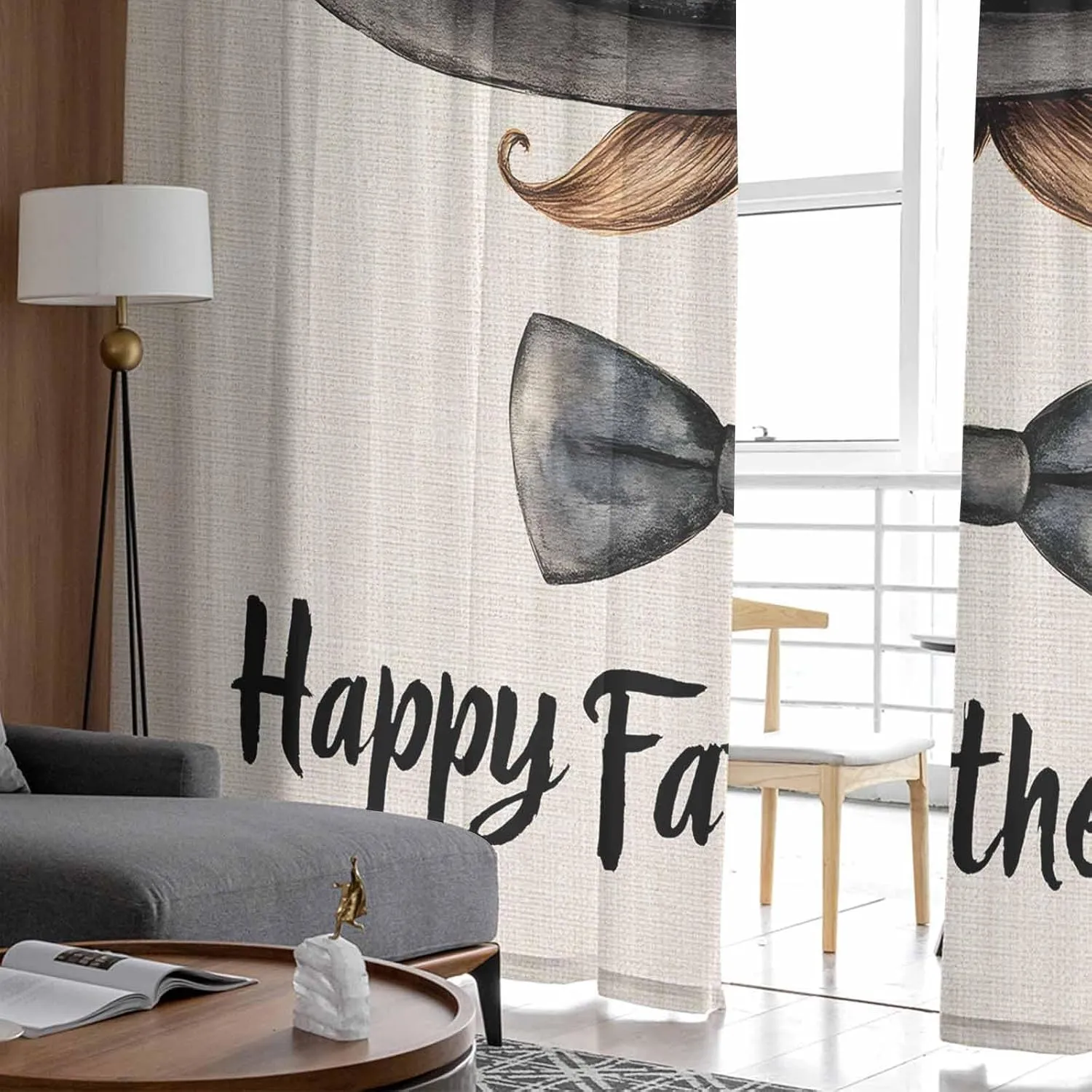 Father's Day Sheer Curtains 72 Inches Length, Hat Beard Bow Tie Linen Texture Short Rod Pocket Light Filter Sheer Panels Privacy Semi Window Treatment Drapes for Bedroom 2pcs, Each 52" W x 72" L