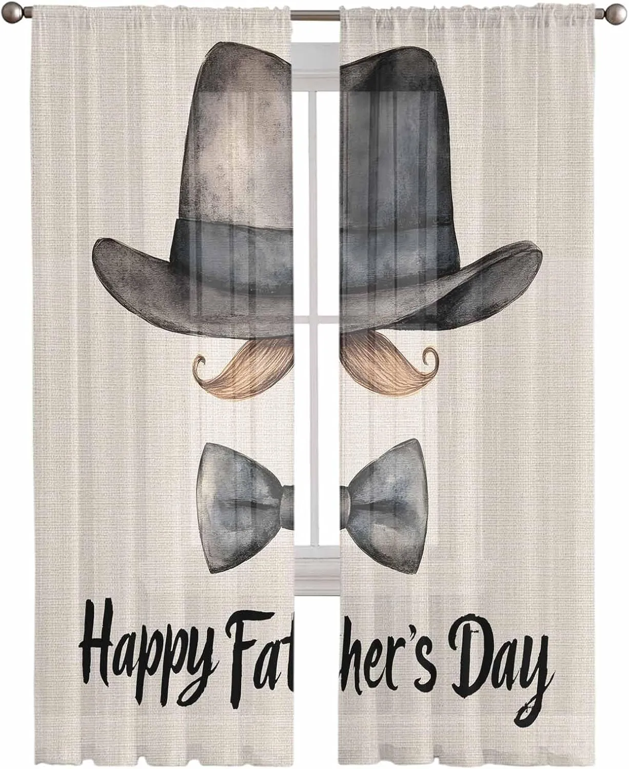 Father's Day Sheer Curtains 72 Inches Length, Hat Beard Bow Tie Linen Texture Short Rod Pocket Light Filter Sheer Panels Privacy Semi Window Treatment Drapes for Bedroom 2pcs, Each 52" W x 72" L