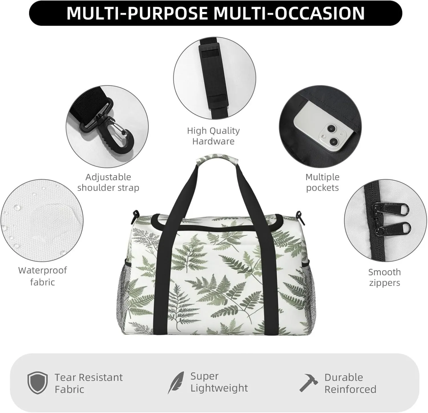 Ferns Leaves Pattern Travel Duffel Bag with Strap Multi Pockets Sports Bag Handbag Large Shoulder Bag for Gym Weekend Fitness Camping