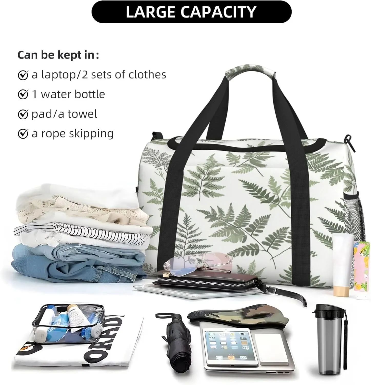 Ferns Leaves Pattern Travel Duffel Bag with Strap Multi Pockets Sports Bag Handbag Large Shoulder Bag for Gym Weekend Fitness Camping