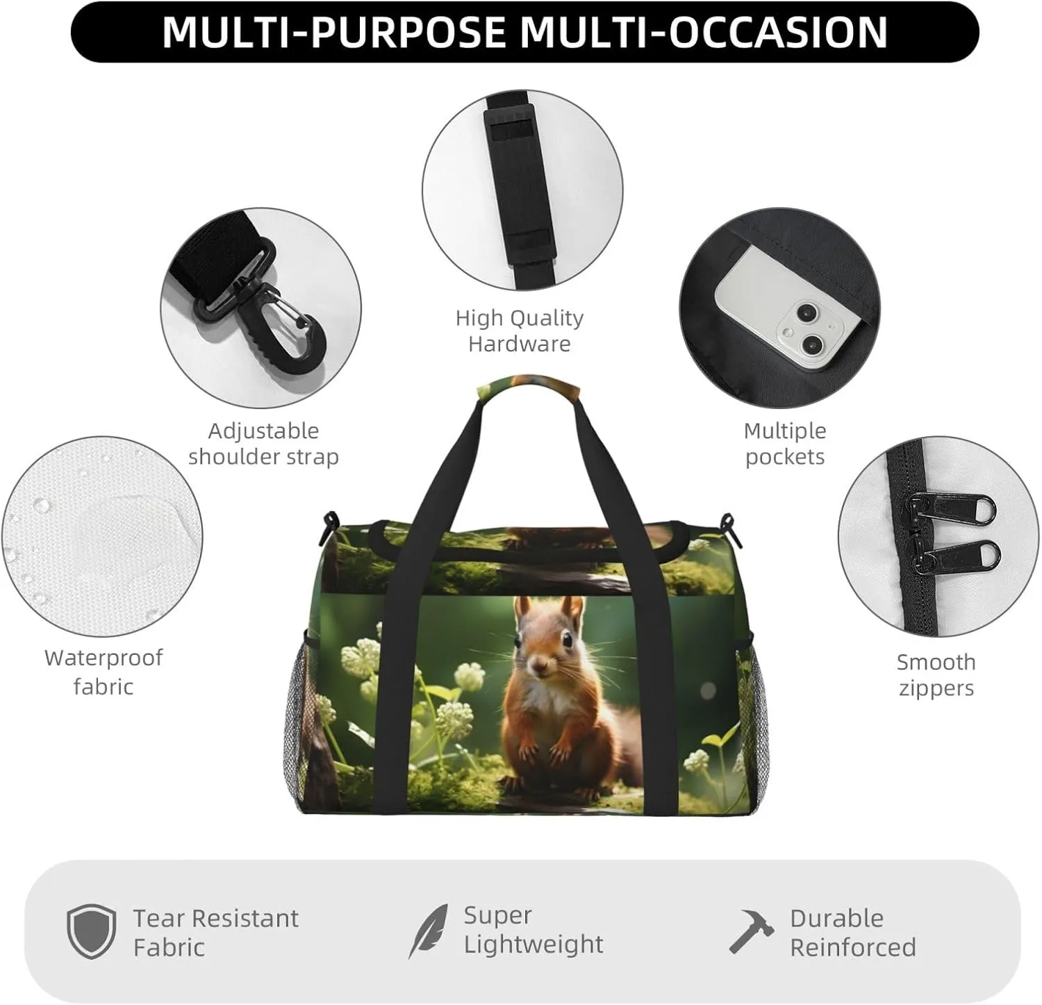 Forest Squirrel Travel Duffel Bag with Strap Multi Pockets Sports Bag Handbag Large Shoulder Bag for Gym Weekend Fitness Camping