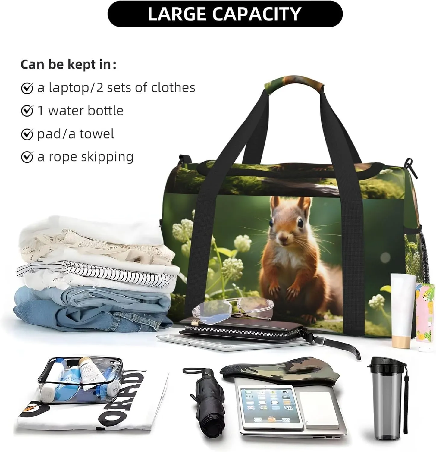 Forest Squirrel Travel Duffel Bag with Strap Multi Pockets Sports Bag Handbag Large Shoulder Bag for Gym Weekend Fitness Camping