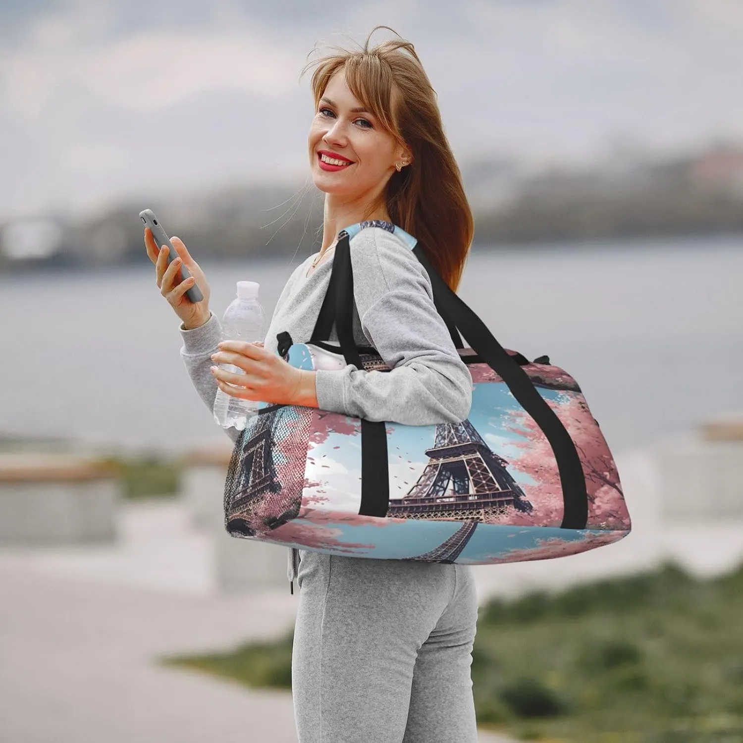 French Eiffel Tower Tree Travel Duffel Bag with Strap Multi Pockets Sports Bag Handbag Large Shoulder Bag for Gym Weekend Fitness Camping