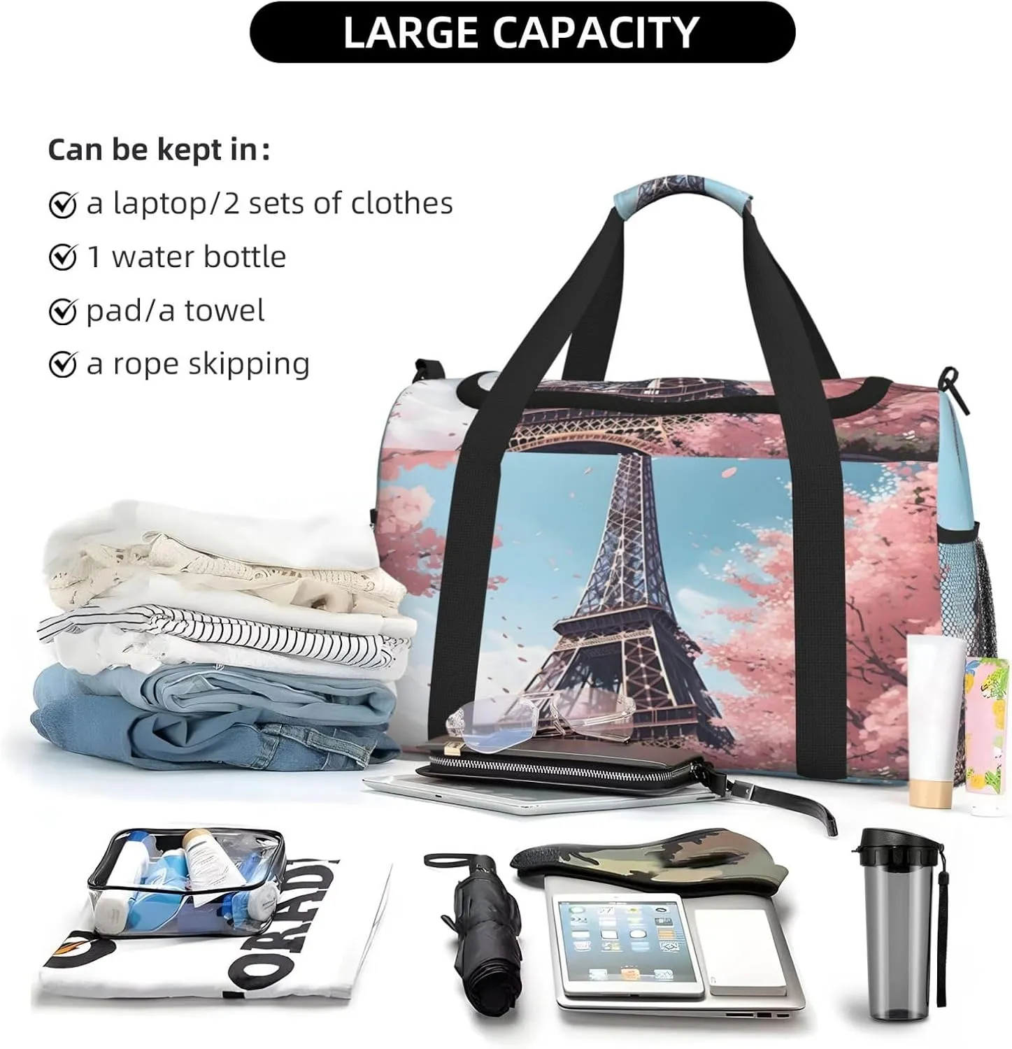 French Eiffel Tower Tree Travel Duffel Bag with Strap Multi Pockets Sports Bag Handbag Large Shoulder Bag for Gym Weekend Fitness Camping