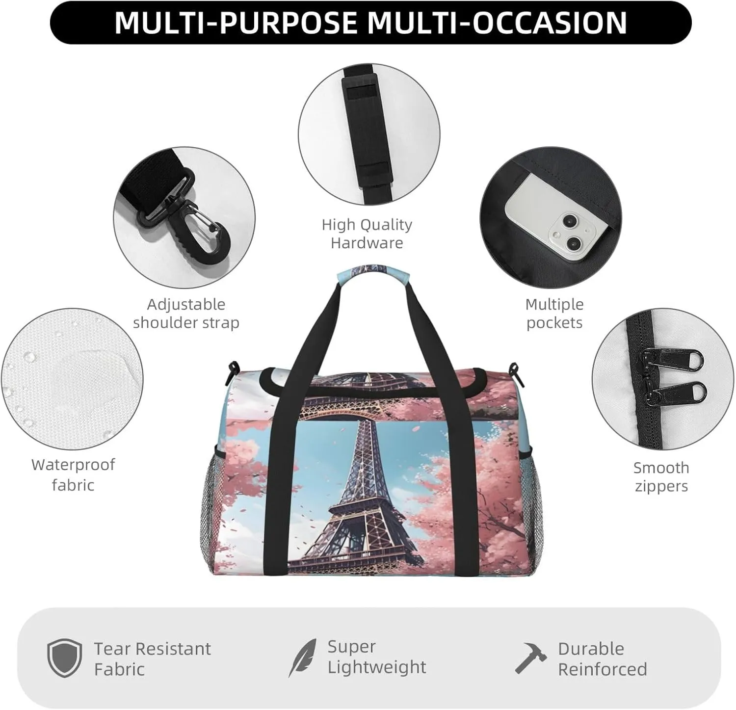 French Eiffel Tower Tree Travel Duffel Bag with Strap Multi Pockets Sports Bag Handbag Large Shoulder Bag for Gym Weekend Fitness Camping