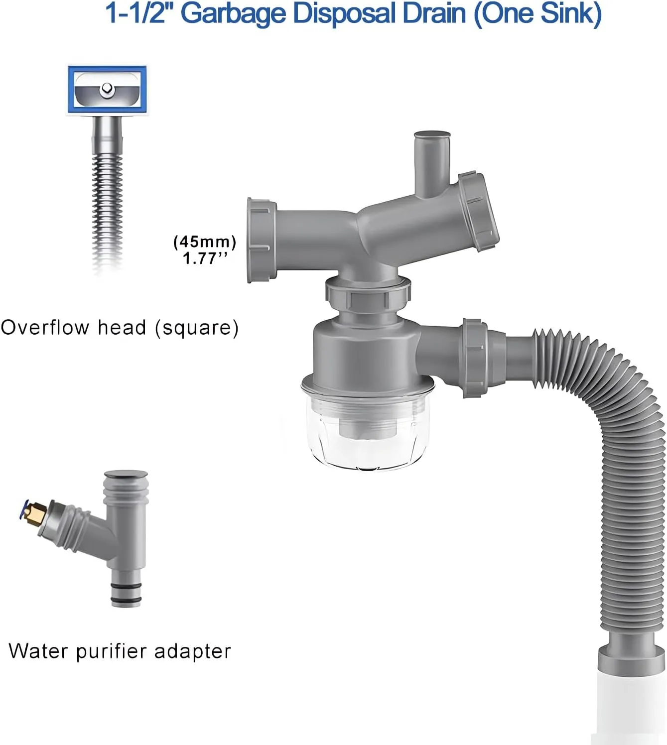 Garbage Disposal Drain Kit, Kitchen Sink P-Trap Drain Kit 1 1/2, Space Saving, Visible, Clog Resistant, Odor Resistant, Easy to Clean Kitchen One Sink Drain Kit