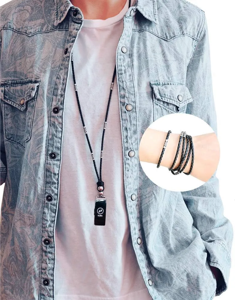 Genuine Leather Bands Compatible with Fitbit Inspire HR/Fitbit Inspire/Fitbit Inspire 2/Fitbit Ace 2 Band Premium Cowhide Necklace Double Loop Two Way Strap Pendant Bracelet for Smartwatch- Black