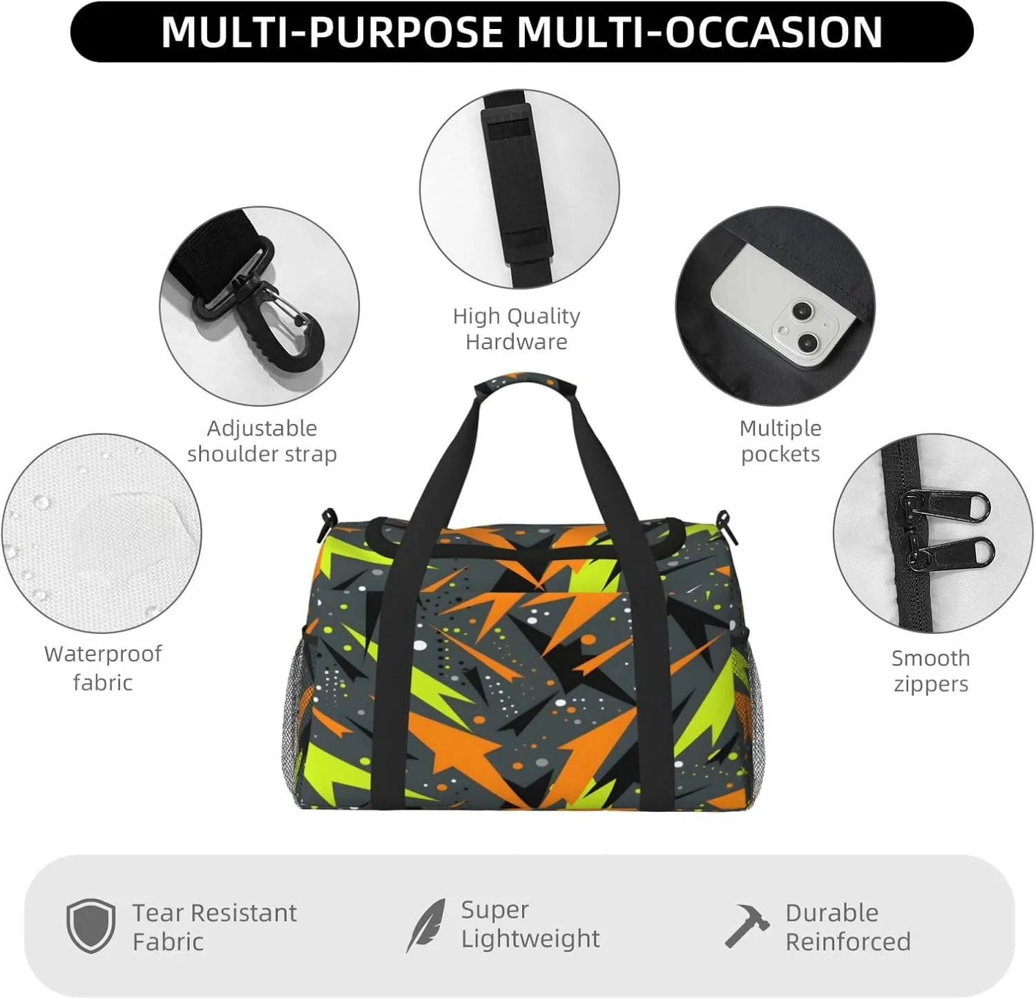 Geometric Abstract Graffiti Travel Duffel Bag with Strap Multi Pockets Sports Bag Handbag Large Shoulder Bag for Gym Weekend Fitness Camping