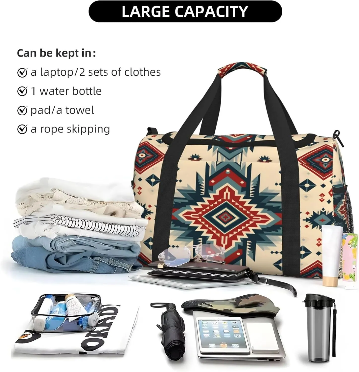 Geometric Ethnic Travel Duffel Bag with Strap Multi Pockets Sports Bag Handbag Large Shoulder Bag for Gym Weekend Fitness Camping