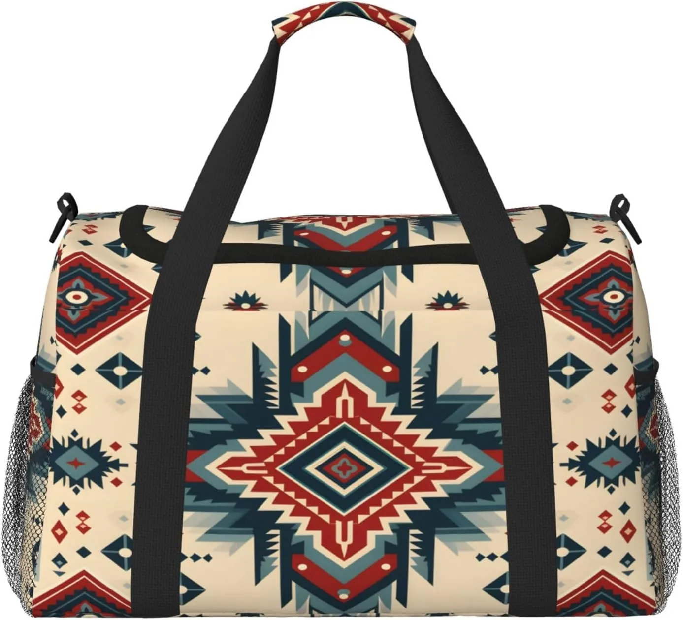 Geometric Ethnic Travel Duffel Bag with Strap Multi Pockets Sports Bag Handbag Large Shoulder Bag for Gym Weekend Fitness Camping