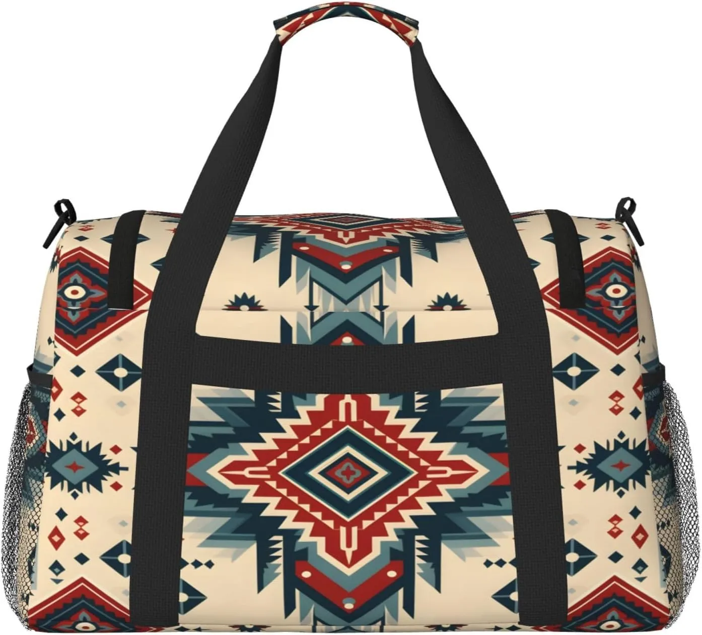 Geometric Ethnic Travel Duffel Bag with Strap Multi Pockets Sports Bag Handbag Large Shoulder Bag for Gym Weekend Fitness Camping
