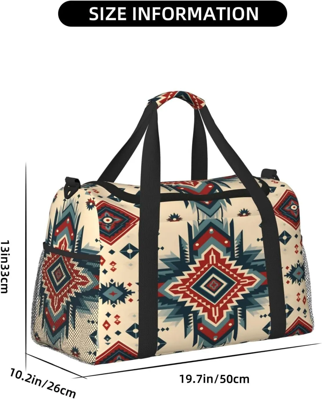 Geometric Ethnic Travel Duffel Bag with Strap Multi Pockets Sports Bag Handbag Large Shoulder Bag for Gym Weekend Fitness Camping