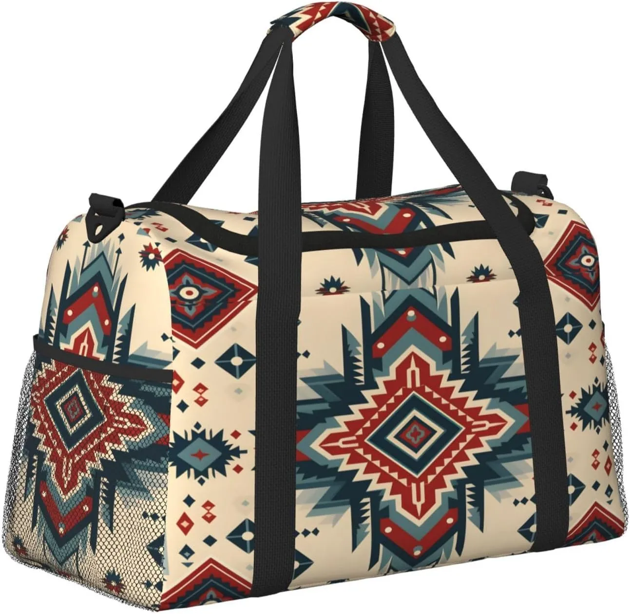 Geometric Ethnic Travel Duffel Bag with Strap Multi Pockets Sports Bag Handbag Large Shoulder Bag for Gym Weekend Fitness Camping