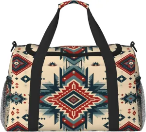 Geometric Ethnic Travel Duffel Bag with Strap Multi Pockets Sports Bag Handbag Large Shoulder Bag for Gym Weekend Fitness Camping