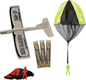 GRANITE MOUNTAIN PRODUCTS Balsa Wood Planes and Parachute Toy Set - 4 Small Glider Kits and 2 Tangle Free Parachutes | Model Airplane Kit | Classic Party Favor Toys for Kids