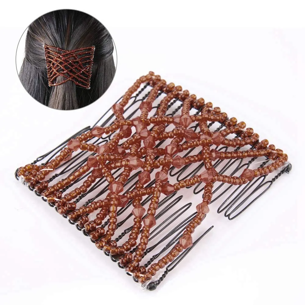 H Comb Stretchable Beading Double H Slide Accessories for Women Girls Black Party and Life Wife Comb Slide Double Elastic (Coffee)