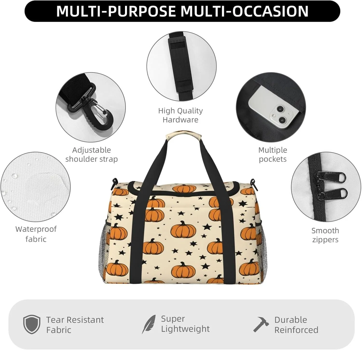 Halloween Pumpkins Travel Duffel Bag with Strap Multi Pockets Sports Bag Handbag Large Shoulder Bag for Gym Weekend Fitness Camping