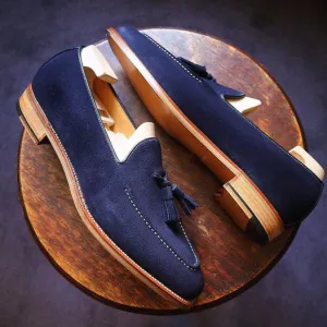 Handmade Blue Suede Moccasins for Men