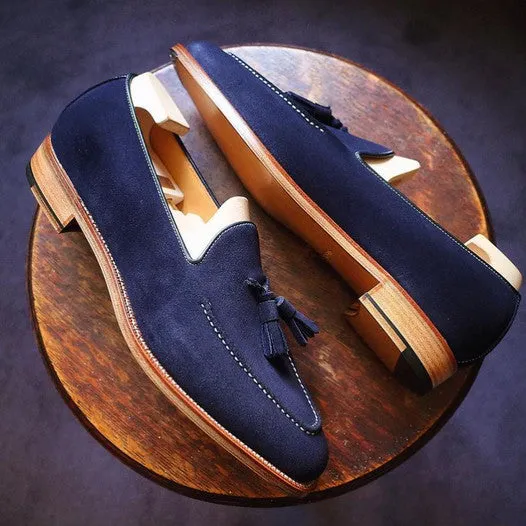 Handmade Blue Suede Moccasins for Men