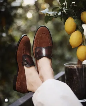 Handmade Brown Leather Suede Moccasin Penny Loafers for Men