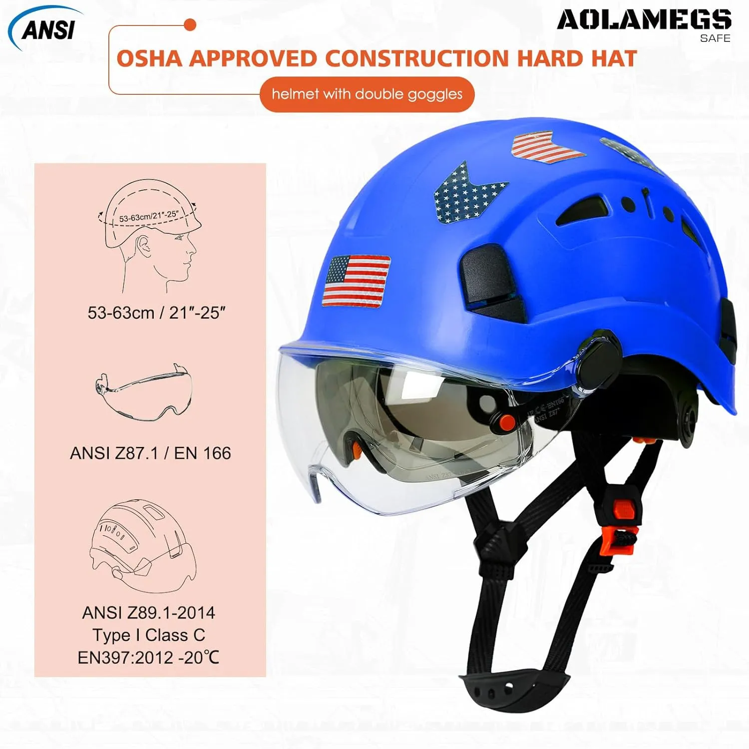 Hard Hats Construction OSHA Approved With Double Visor - Cascos De Construccion Vented Hard Hat With Clear and Tinted Visor Construction Safety Helmet Hat With Chin Straps 6pt Suspension