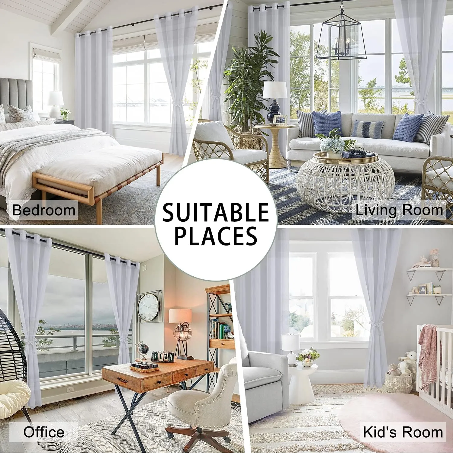 Hiasan Grey Sheer Curtains 84 Inches Long with Tiebacks, Light Filtering Airy Voile Textured Drapes Lightweight Grommet Window Curtains for Bedroom, Living Room, Sliding Door, W52 x L84, 2 Panels