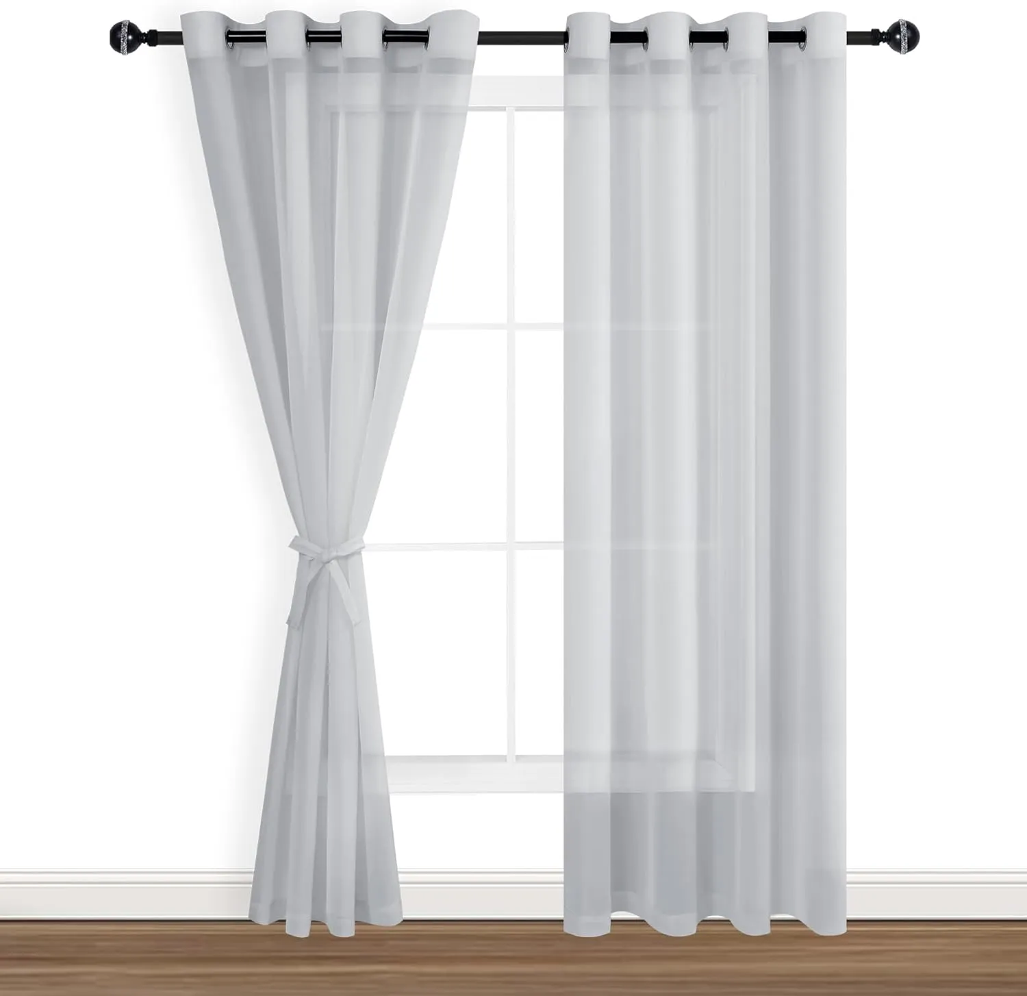 Hiasan Grey Sheer Curtains 84 Inches Long with Tiebacks, Light Filtering Airy Voile Textured Drapes Lightweight Grommet Window Curtains for Bedroom, Living Room, Sliding Door, W52 x L84, 2 Panels