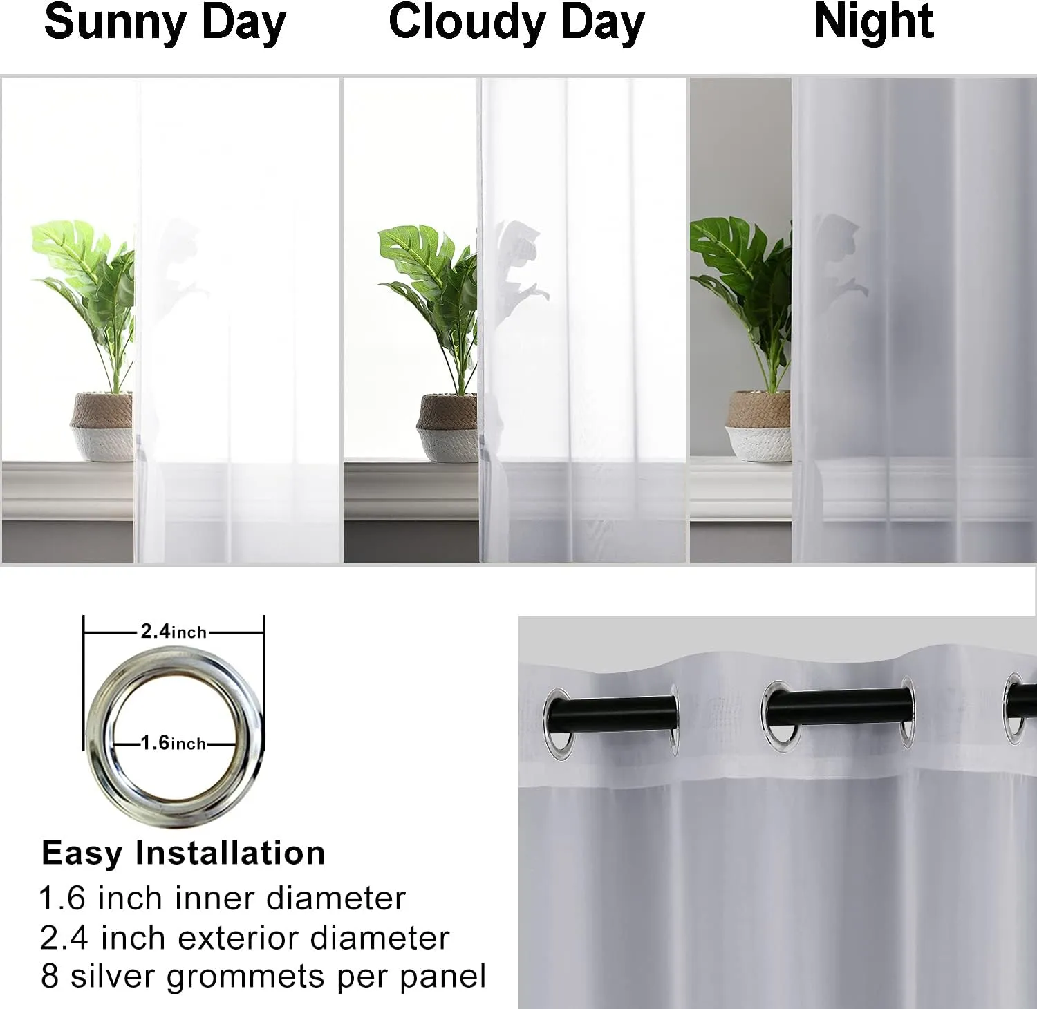 Hiasan Grey Sheer Curtains 84 Inches Long with Tiebacks, Light Filtering Airy Voile Textured Drapes Lightweight Grommet Window Curtains for Bedroom, Living Room, Sliding Door, W52 x L84, 2 Panels