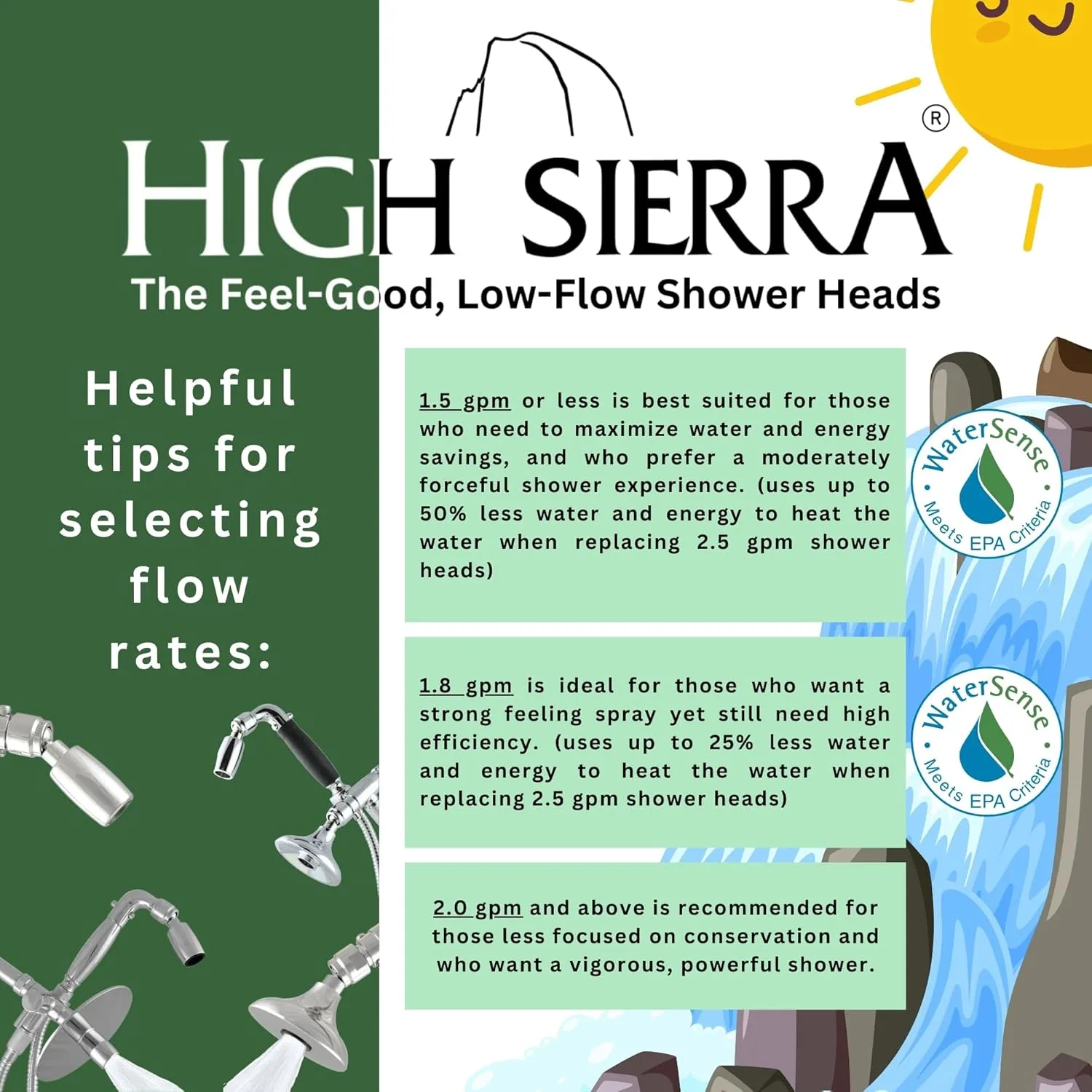 High Sierra Showerheads® - Solid Metal Handheld Shower Head Kit with Slip-Free Grip. Includes Handheld Shower Head, Trickle Valve, Hose with Silicone Inner Tube, and Holder. 2.0 GPM. Oil Rubbed Bronze