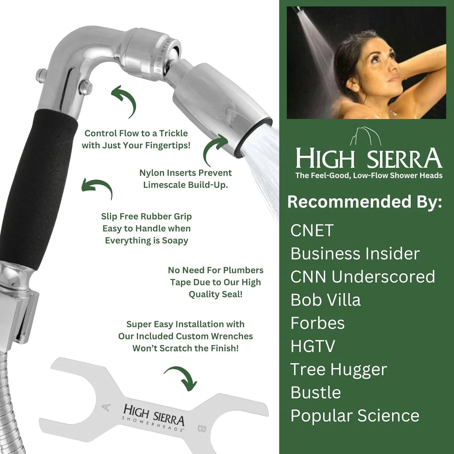 High Sierra Showerheads® - Solid Metal Handheld Shower Head Kit with Slip-Free Grip. Includes Handheld Shower Head, Trickle Valve, Hose with Silicone Inner Tube, and Holder. 2.0 GPM. Oil Rubbed Bronze