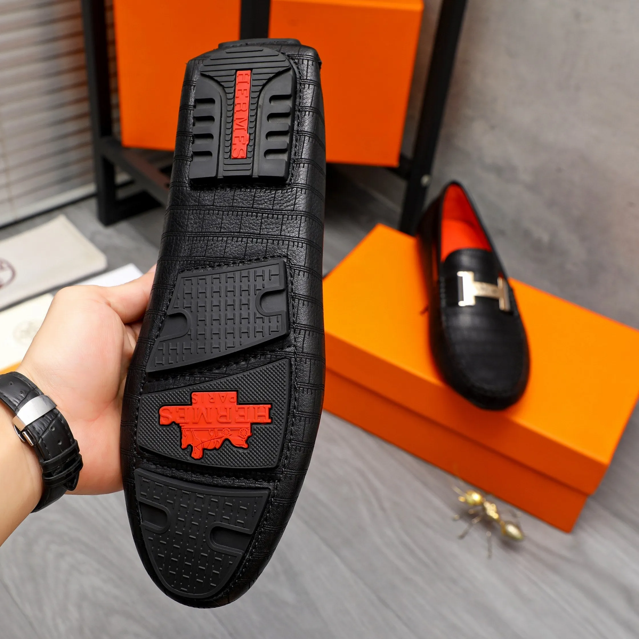 HM H-BUCKLE LOAFER BLACK EMBOSSED CALFSKIN