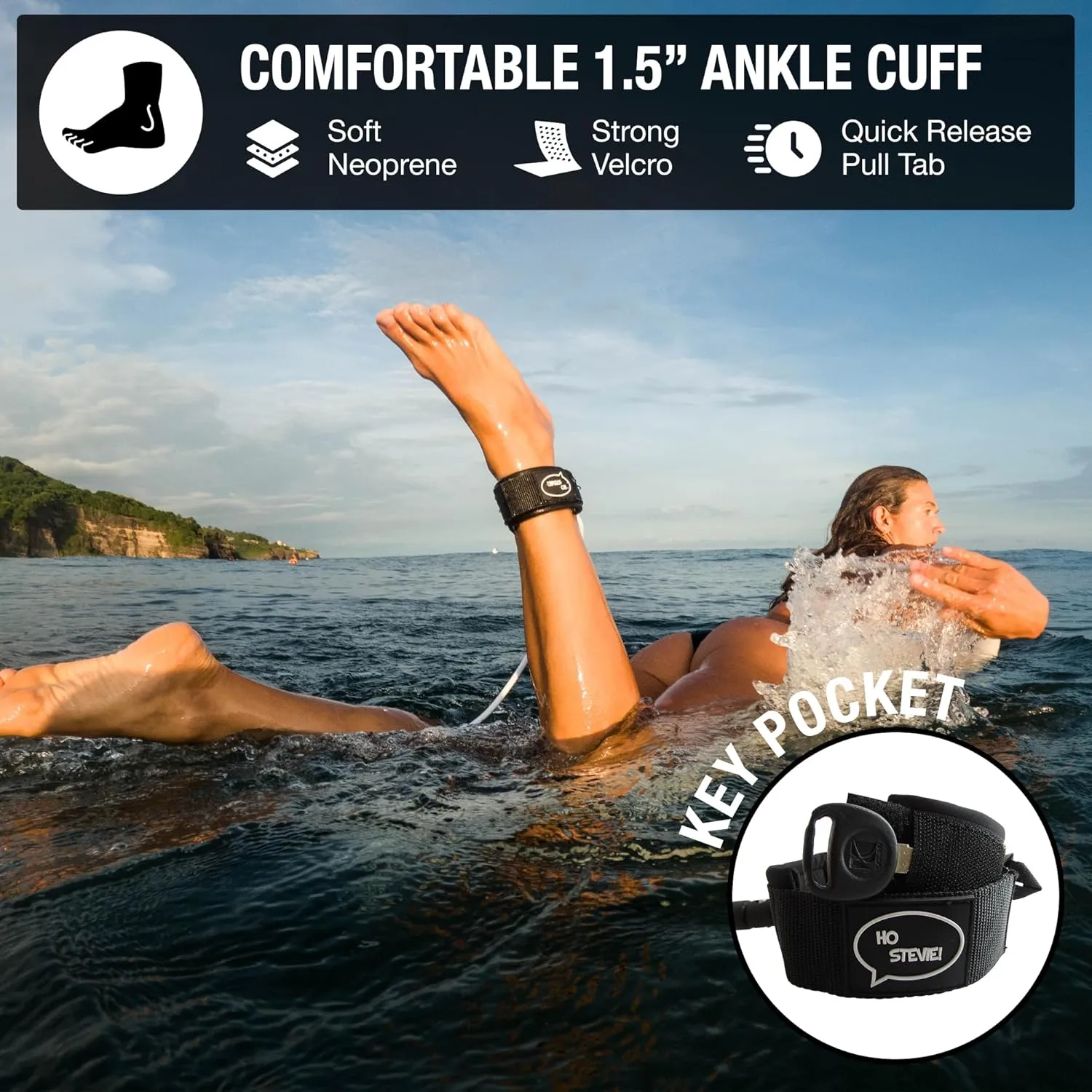 Ho Stevie! Premium Surf Leash [1 Year Warranty] Maximum Strength, Lightweight, Kink-Free, for All Types of Surfboards. 7mm Thick (1/4") 6/7/8/9 Feet