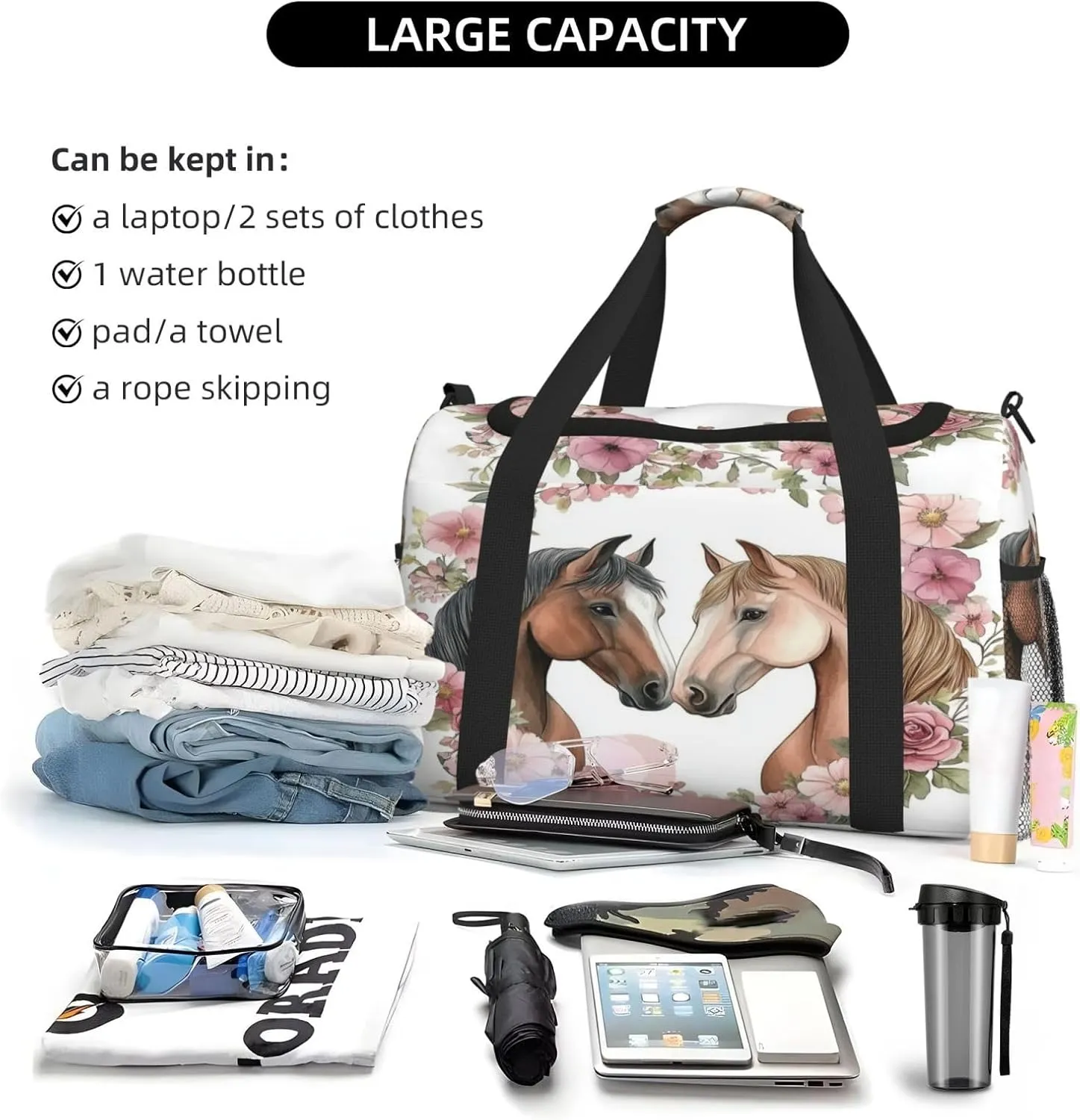Horses Flower Travel Duffel Bag with Strap Multi Pockets Sports Bag Handbag Large Shoulder Bag for Gym Weekend Fitness Camping