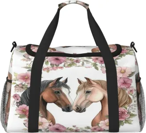 Horses Flower Travel Duffel Bag with Strap Multi Pockets Sports Bag Handbag Large Shoulder Bag for Gym Weekend Fitness Camping