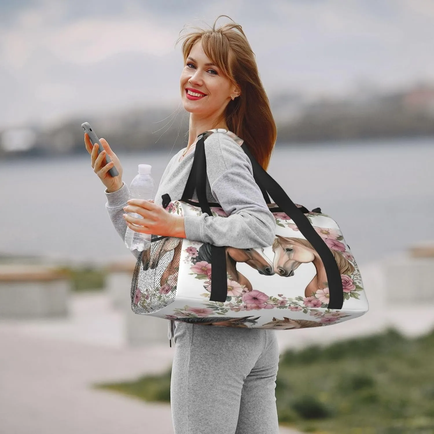Horses Flower Travel Duffel Bag with Strap Multi Pockets Sports Bag Handbag Large Shoulder Bag for Gym Weekend Fitness Camping